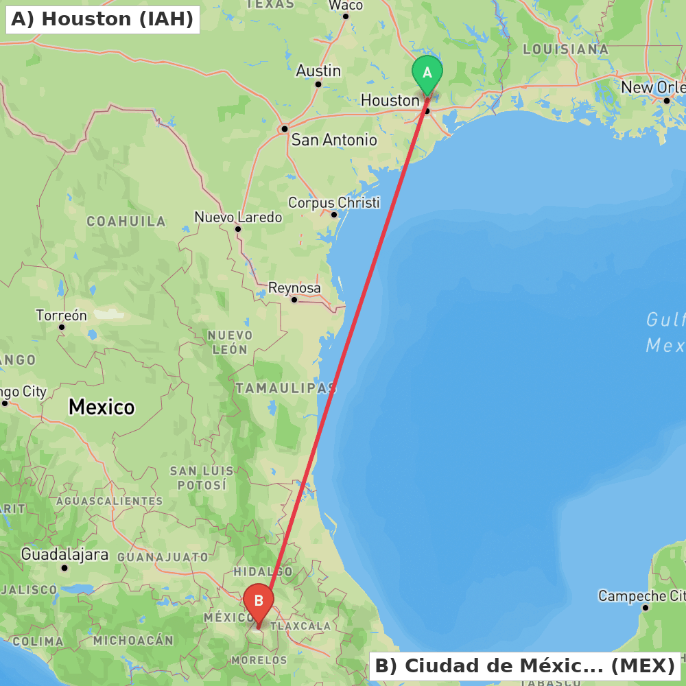 Flight route map from Houston to Ciudad de México