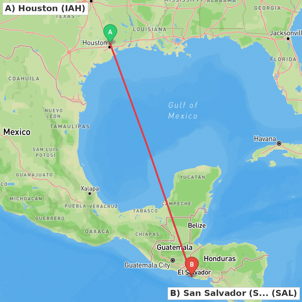 Flight route map from Houston to San Salvador (San Luis Talpa)