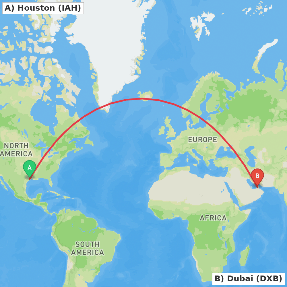 Flight route map from Houston to Dubai