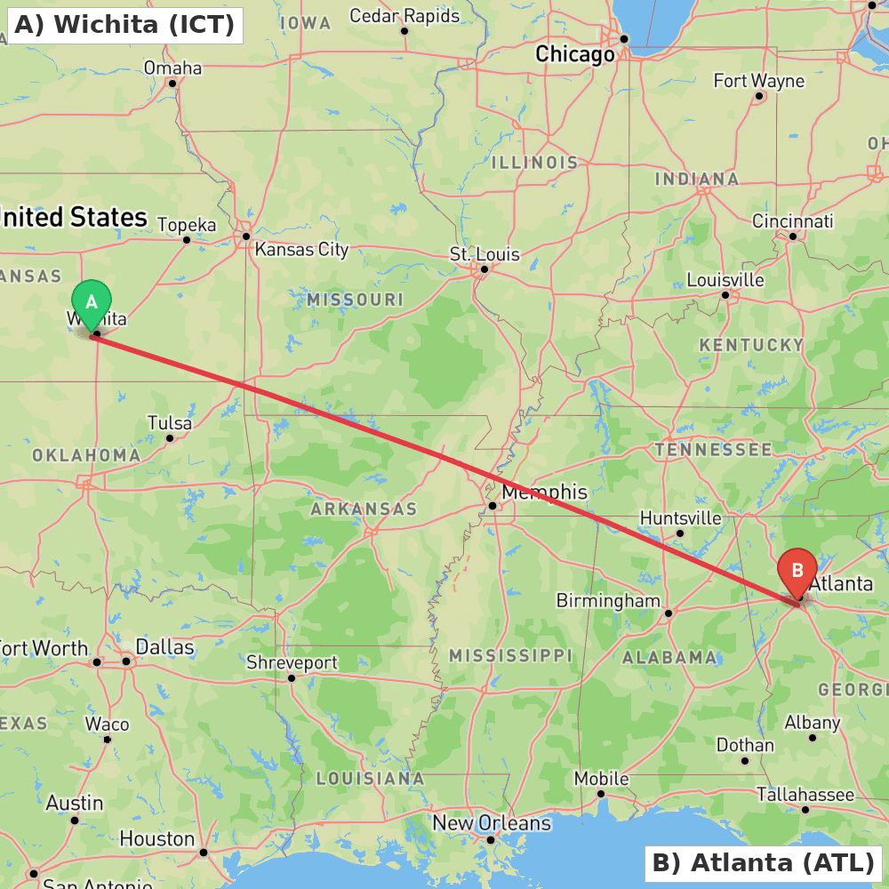 Flight route map from Wichita to Atlanta