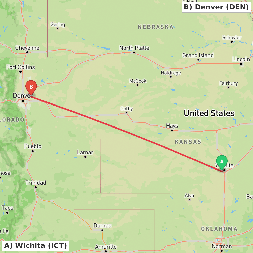 Flight route map from Wichita to Denver