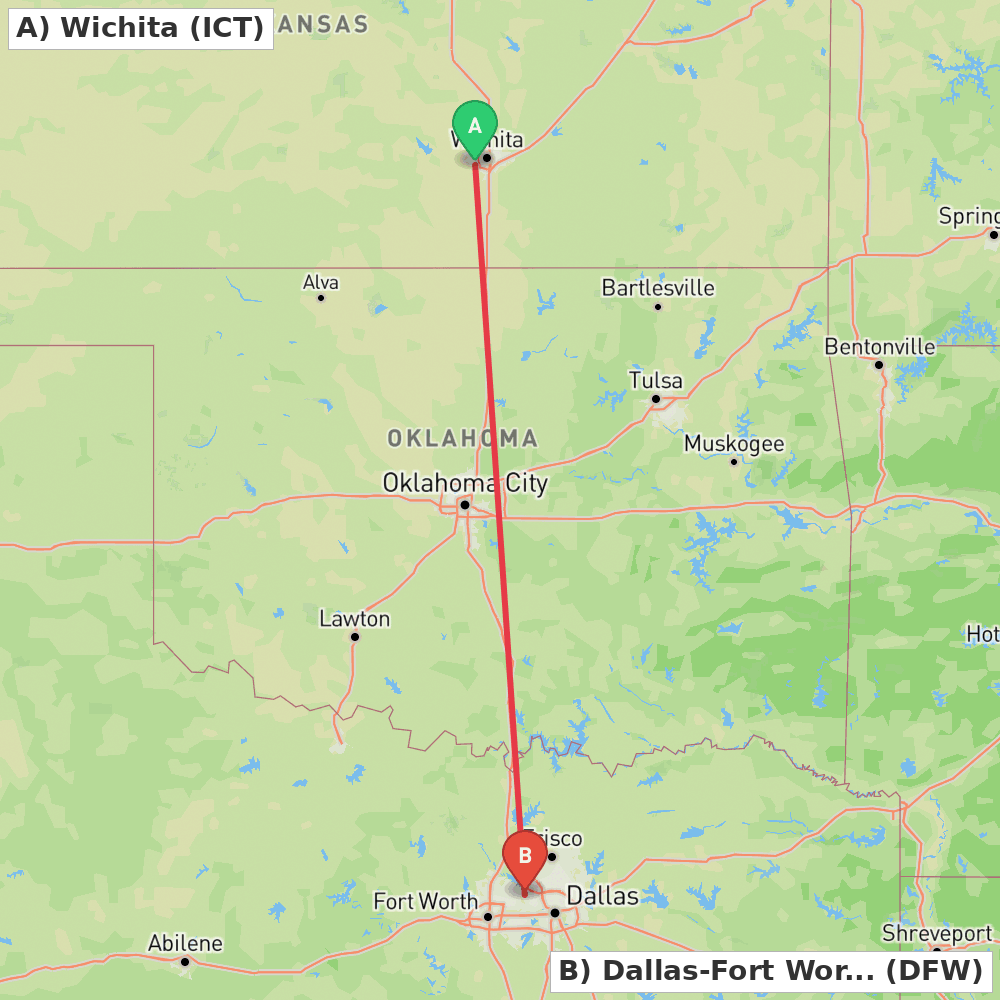 Flight route map from Wichita to Dallas-Fort Worth
