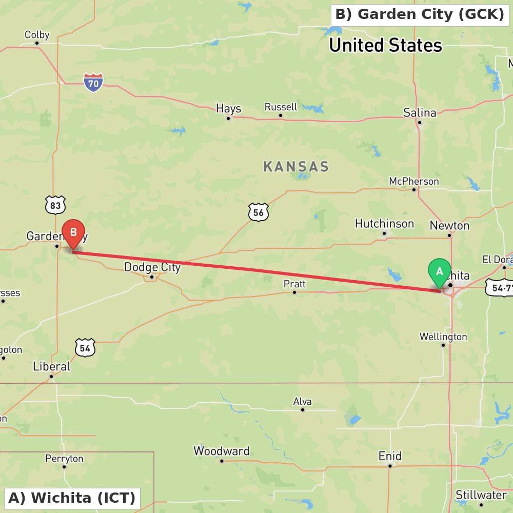 Flight route map from Wichita to Garden City