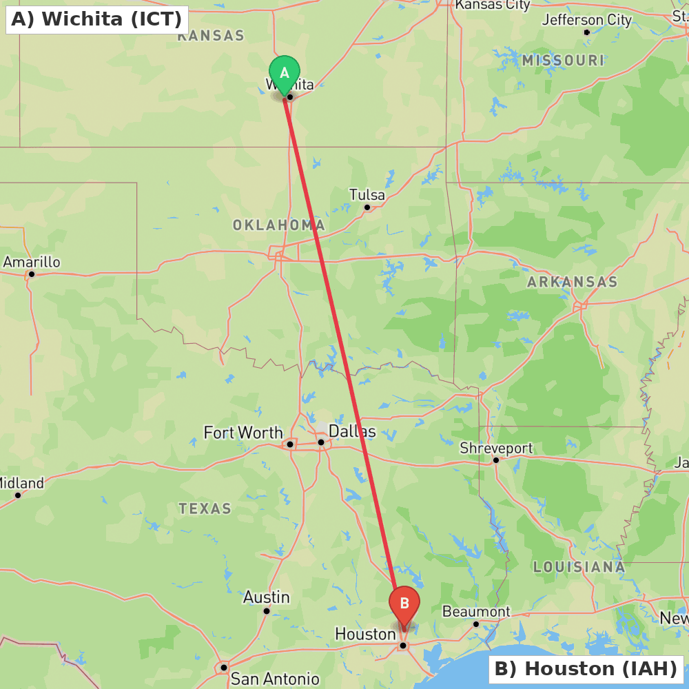 Flight route map from Wichita to Houston