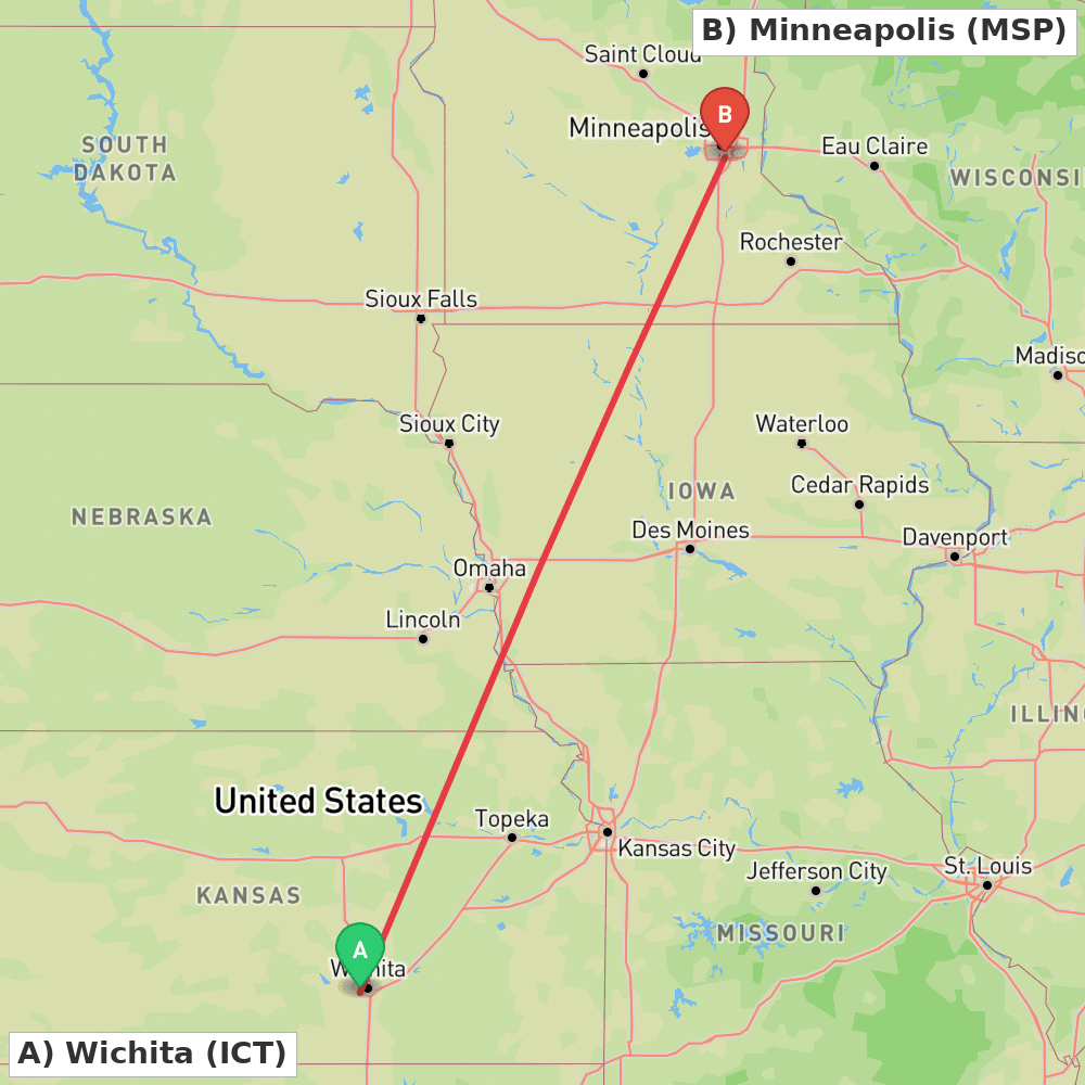 Flight route map from Wichita to Minneapolis