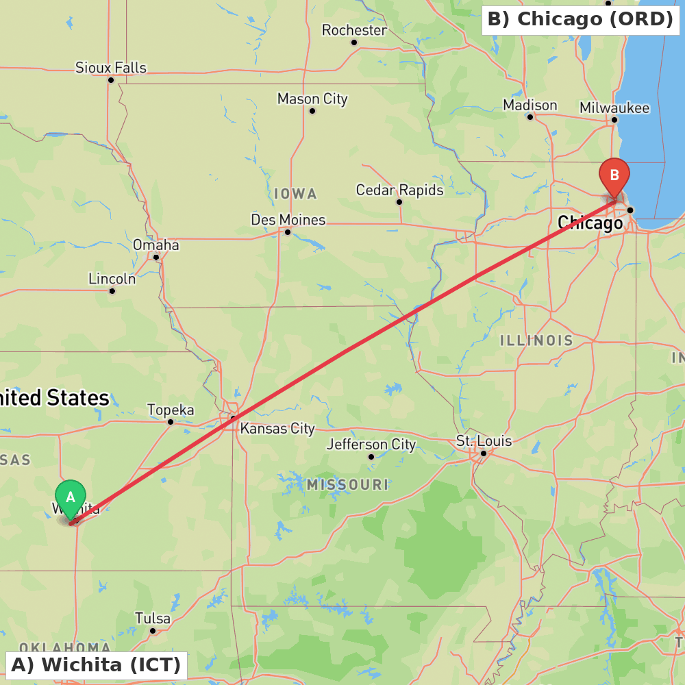 Flight route map from Wichita to Chicago