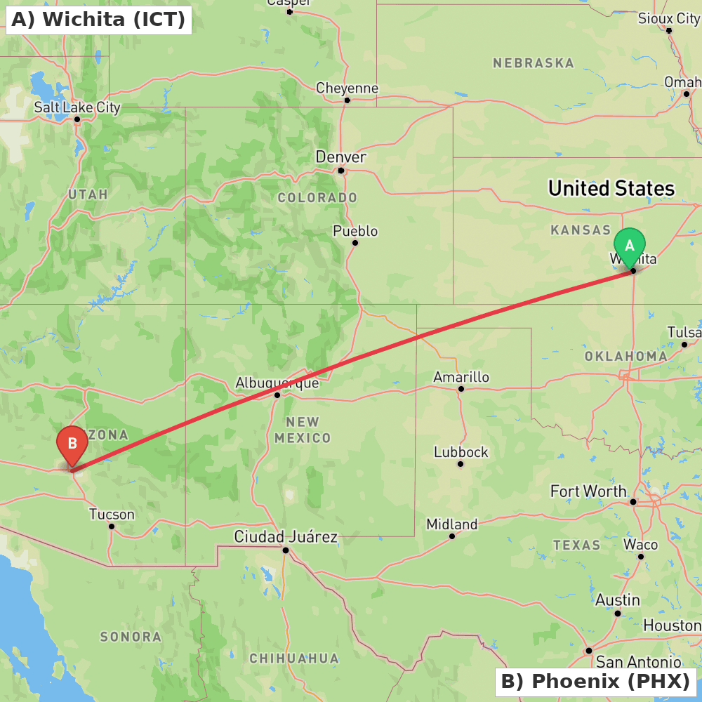 Flight route map from Wichita to Phoenix