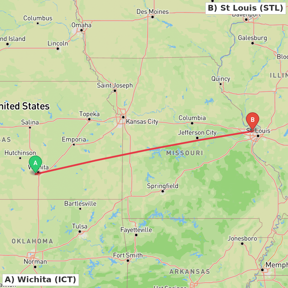 Flight route map from Wichita to St Louis