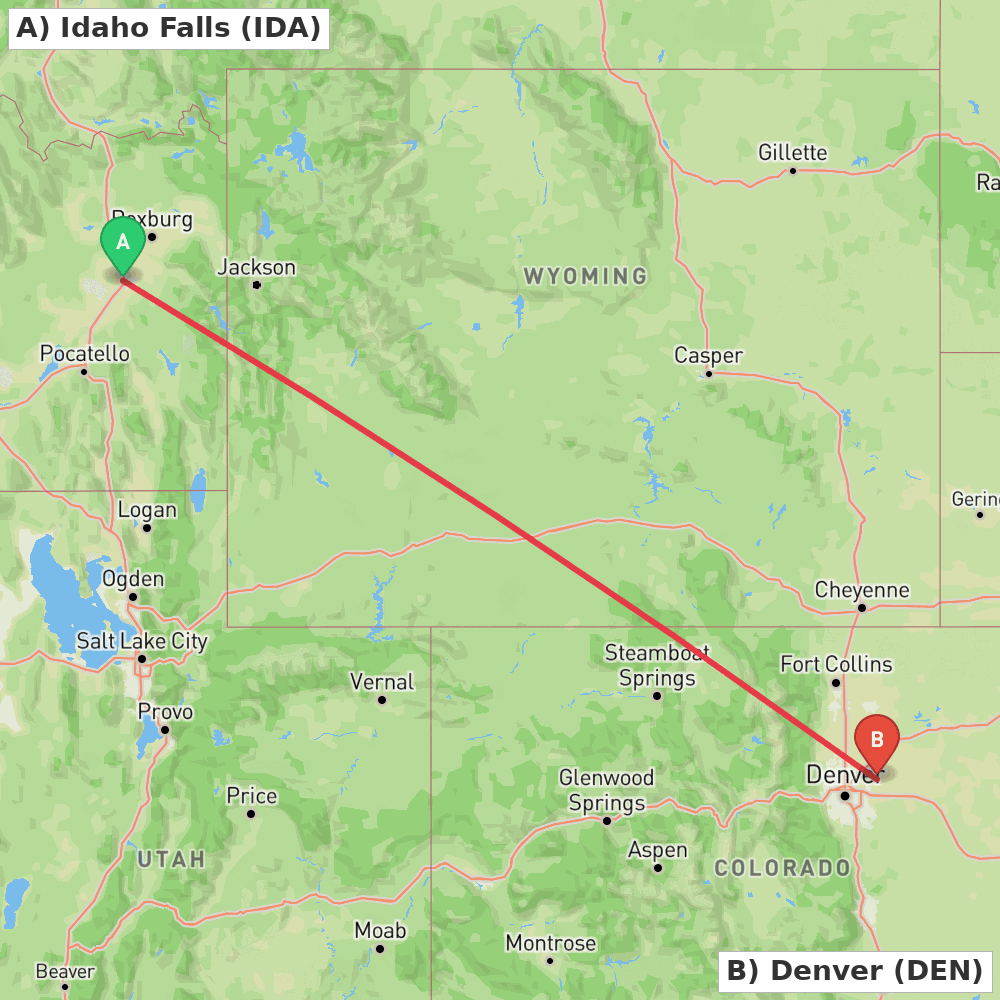 Flight route map from Idaho Falls to Denver