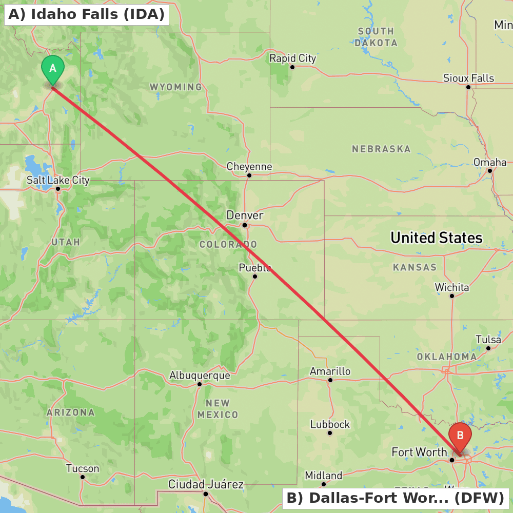 Flight route map from Idaho Falls to Dallas-Fort Worth