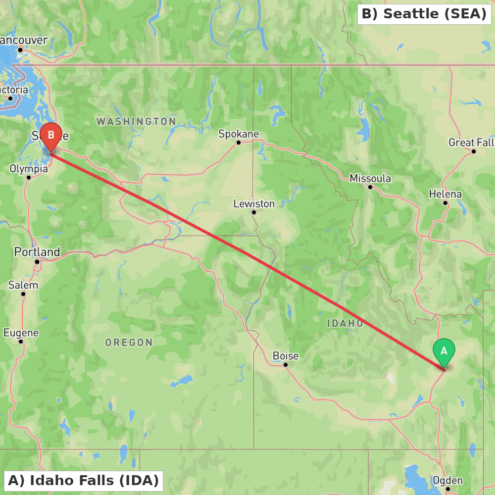 Flight route map from Idaho Falls to Seattle