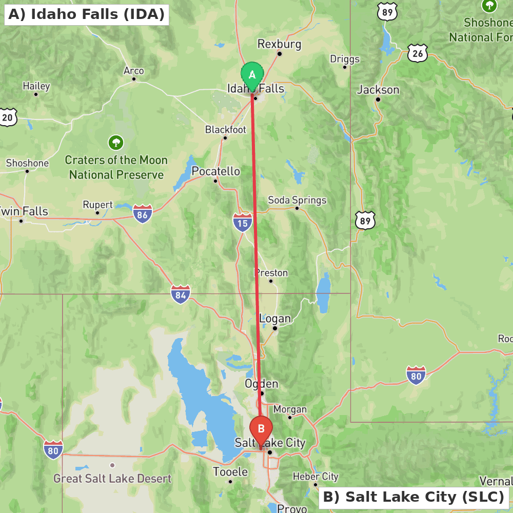 Flight route map from Idaho Falls to Salt Lake City