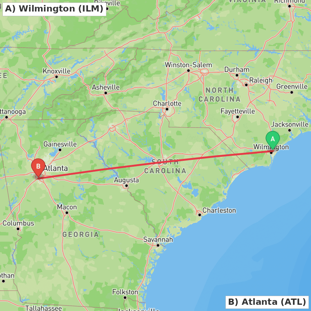 Flight route map from Wilmington to Atlanta