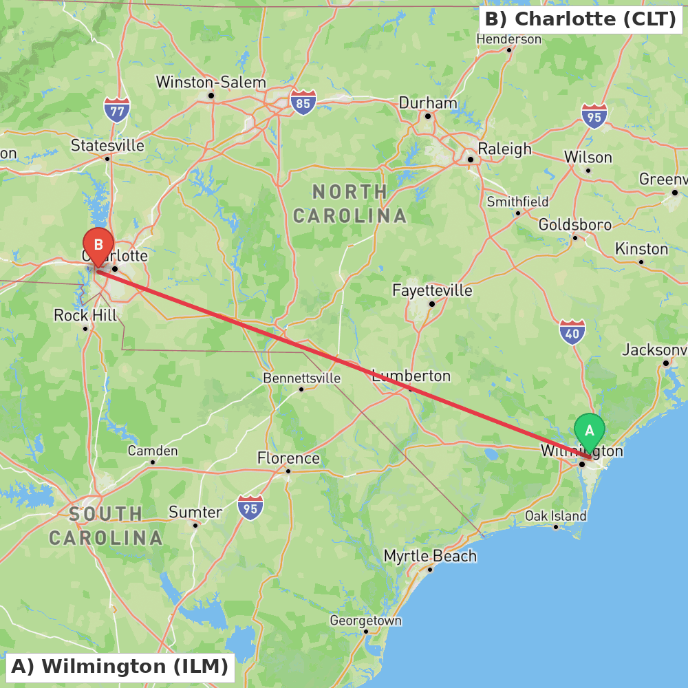 Flight route map from Wilmington to Charlotte
