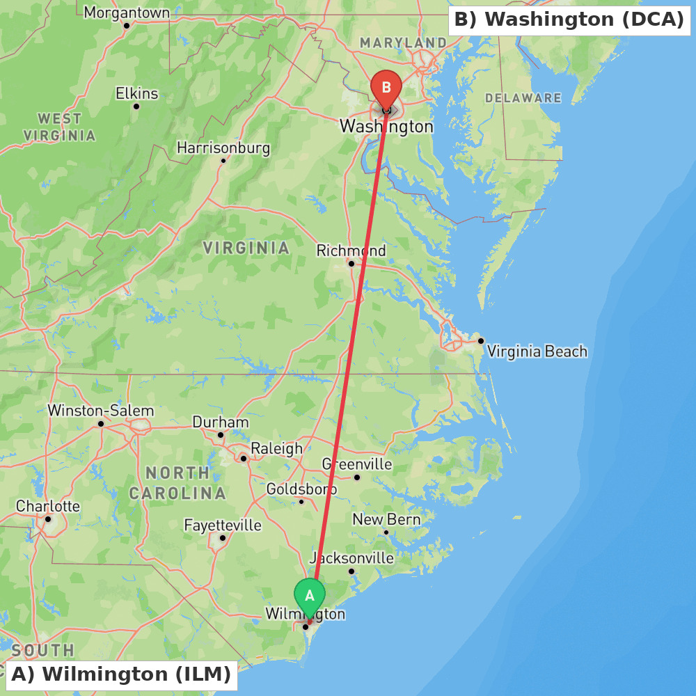 Flight route map from Wilmington to Washington