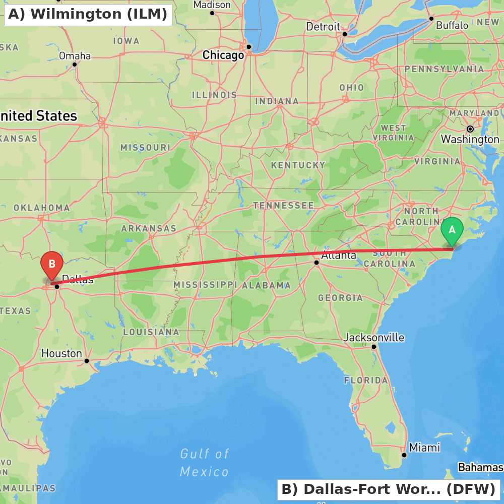Flight route map from Wilmington to Dallas-Fort Worth