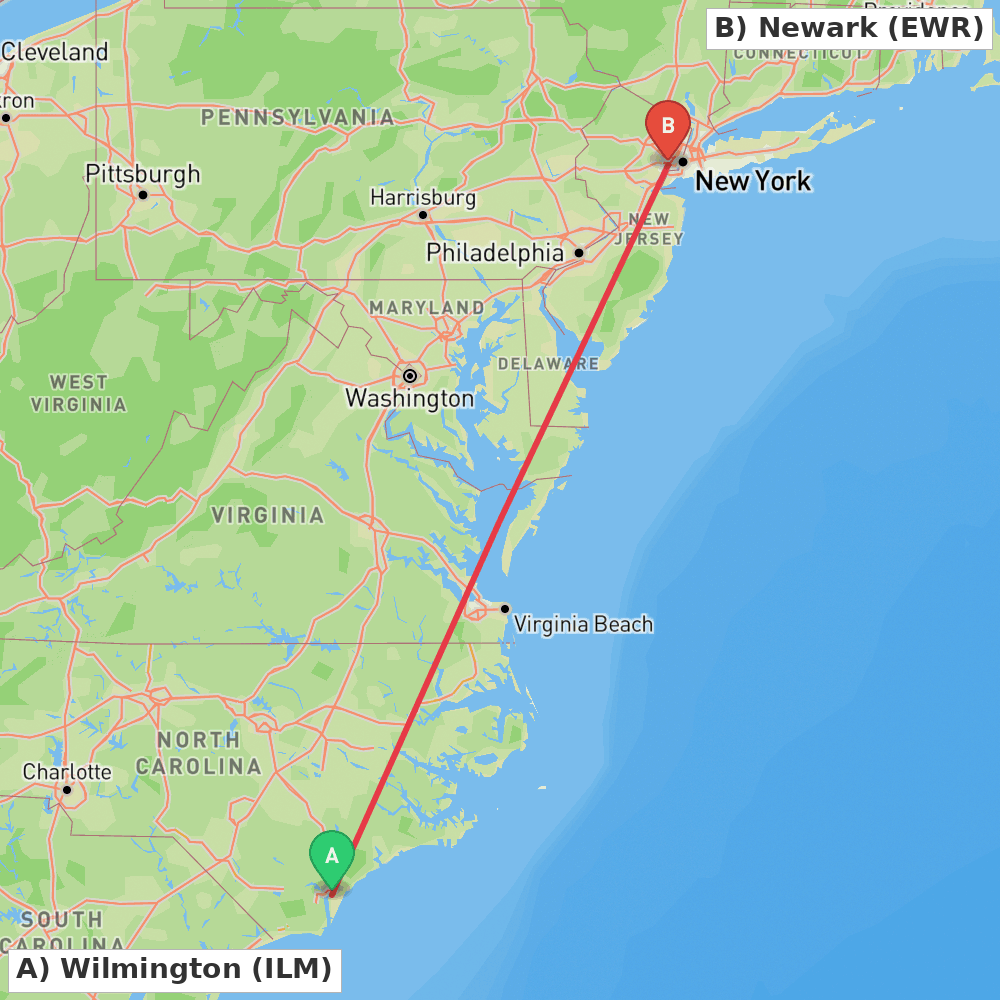 Flight route map from Wilmington to Newark
