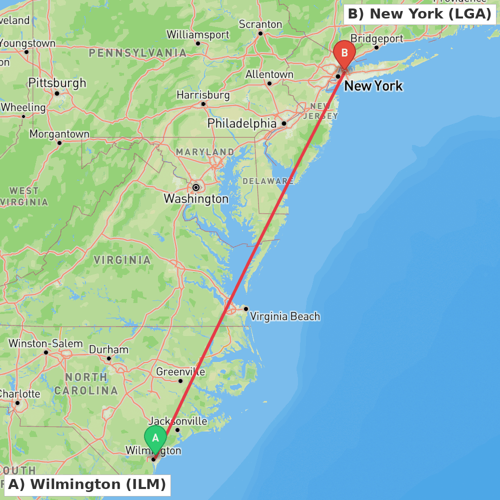 Flight route map from Wilmington to New York