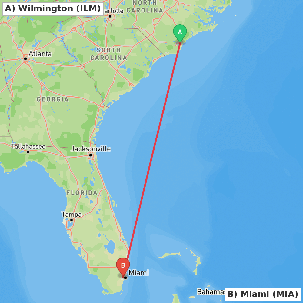 Flight route map from Wilmington to Miami