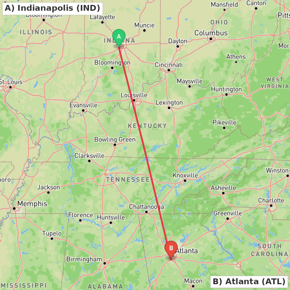 Flight route map from Indianapolis to Atlanta