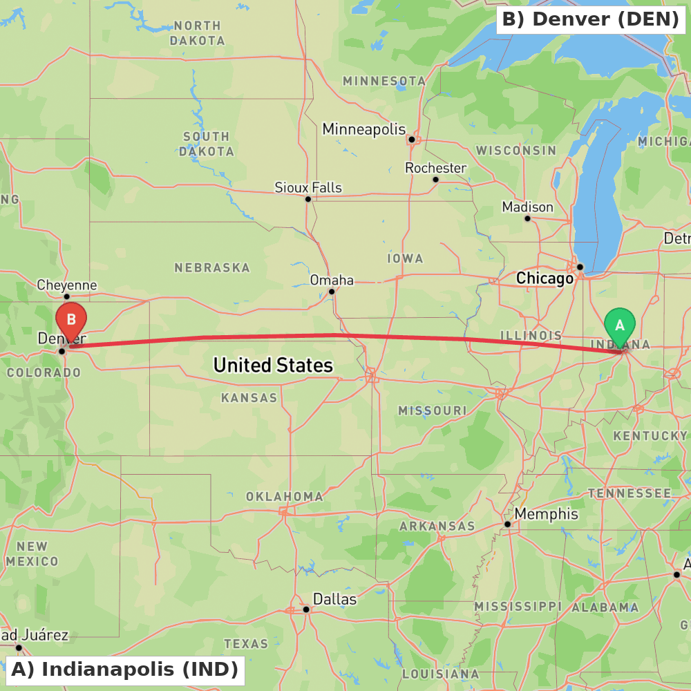 Flight route map from Indianapolis to Denver