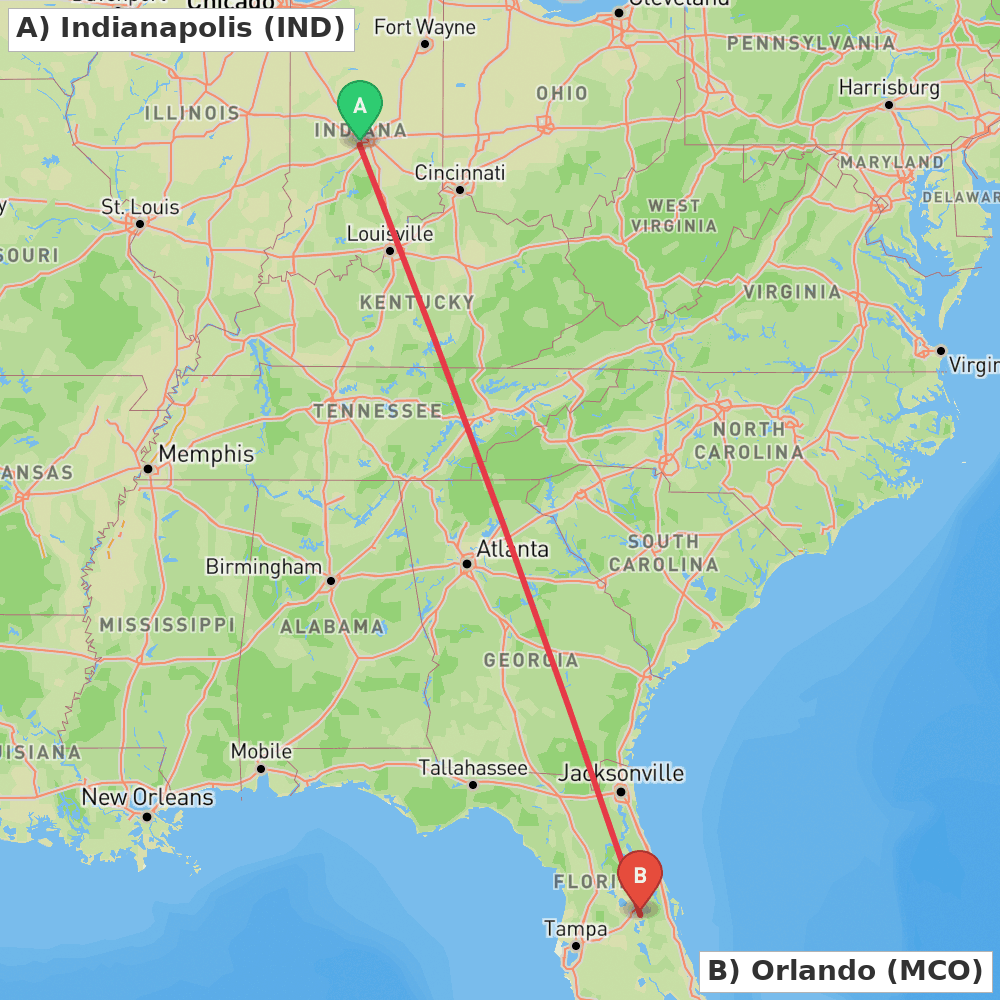 Flight route map from Indianapolis to Orlando