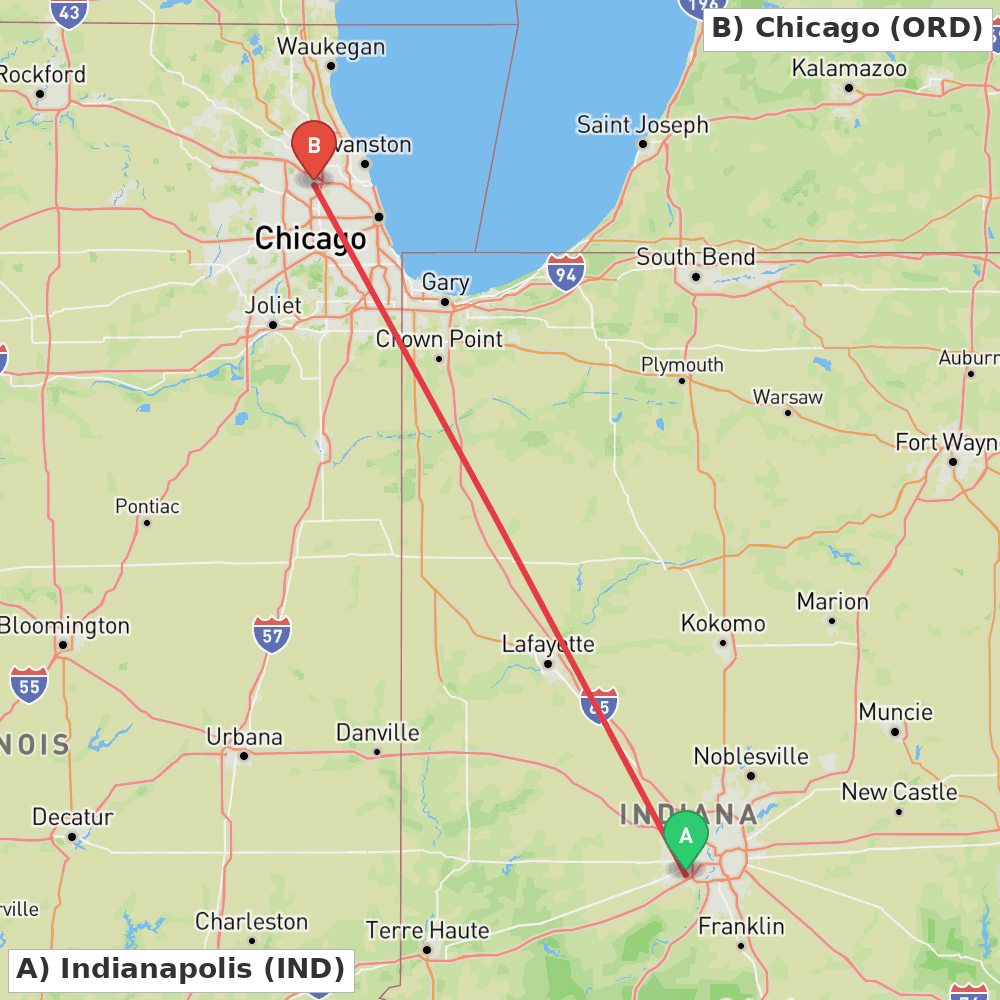 Flight route map from Indianapolis to Chicago