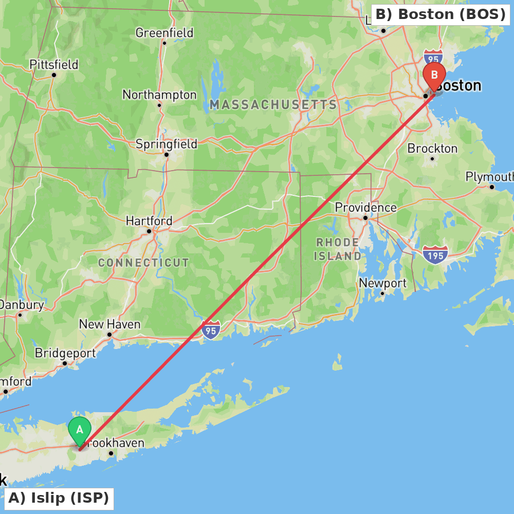 Flight route map from Islip to Boston