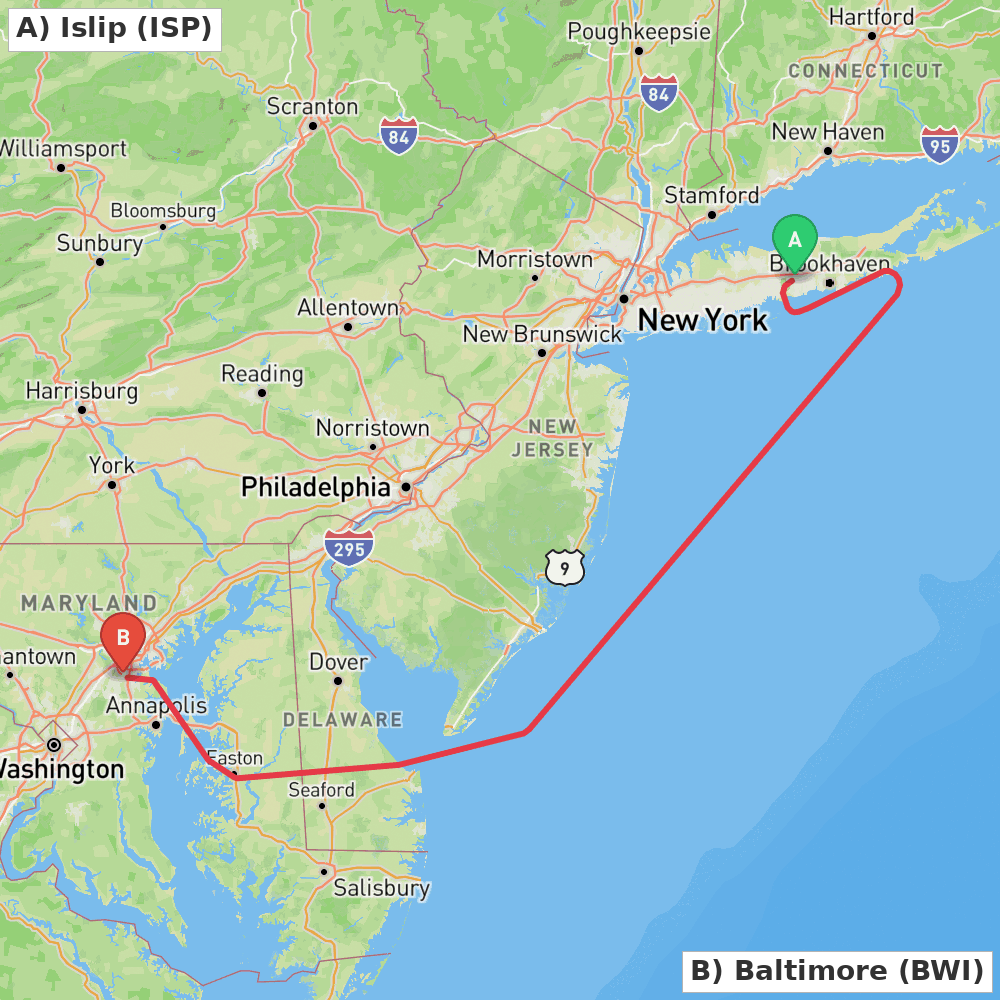 Flight route map from Islip to Baltimore