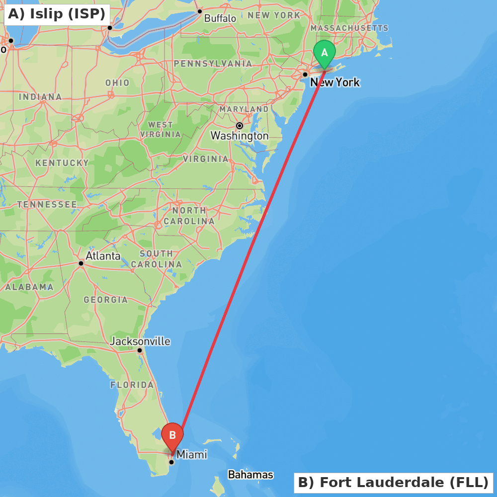 Flight route map from Islip to Fort Lauderdale