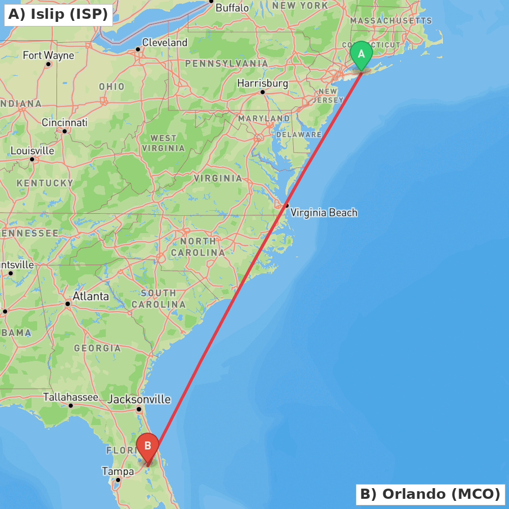 Flight route map from Islip to Orlando