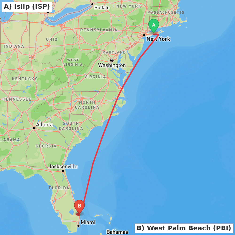 Flight route map from Islip to West Palm Beach