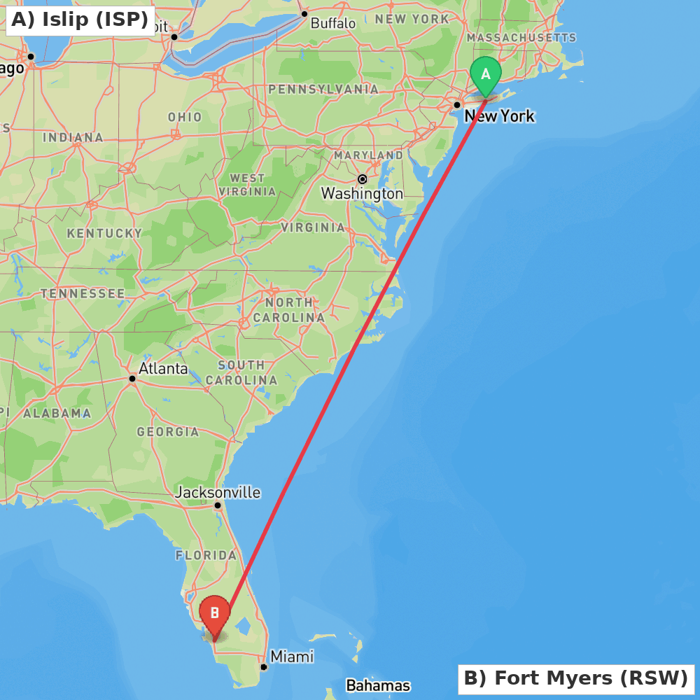 Flight route map from Islip to Fort Myers