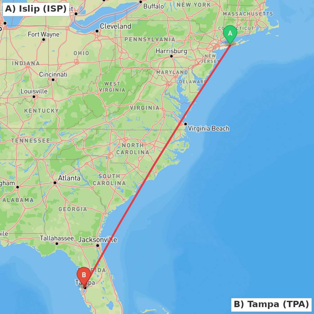 Flight route map from Islip to Tampa