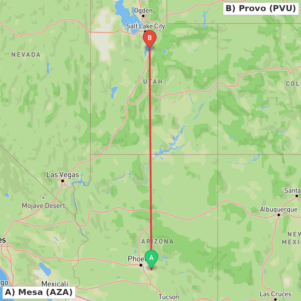 Flight route map from Mesa to Provo
