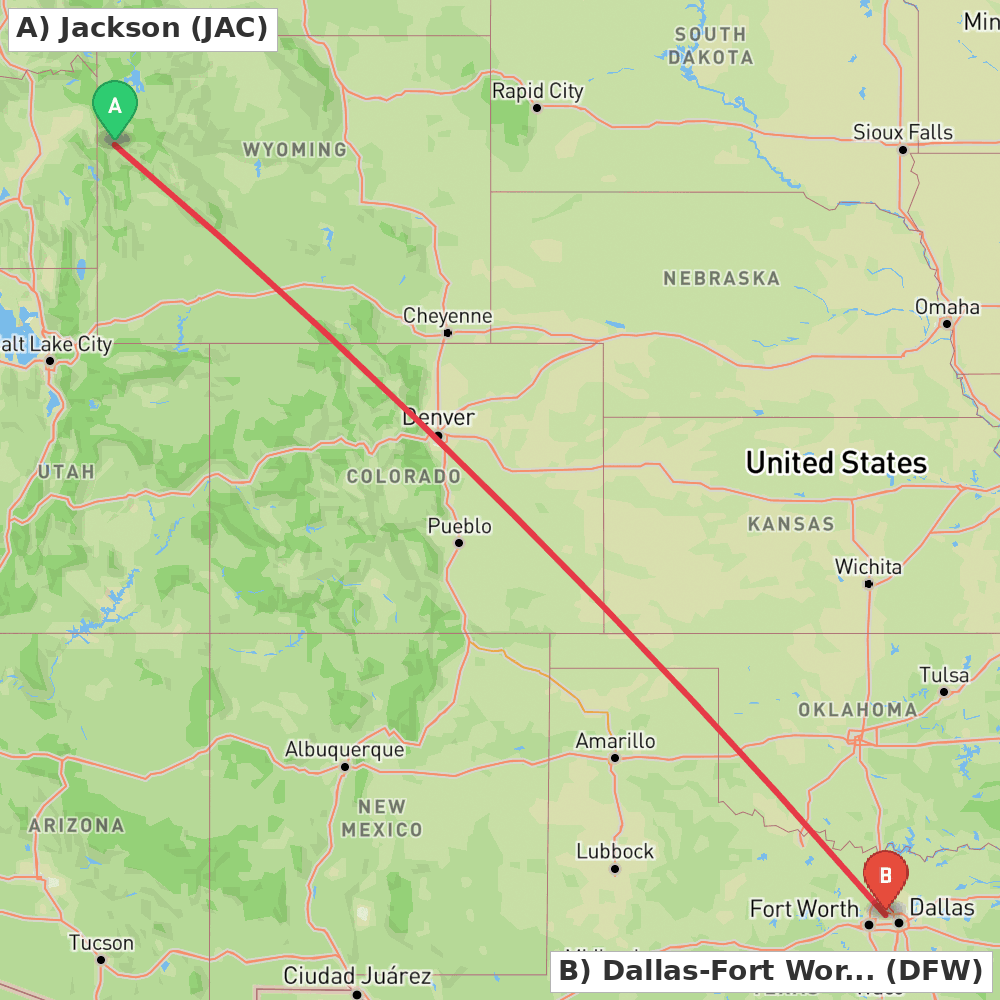 Flight route map from Jackson to Dallas-Fort Worth