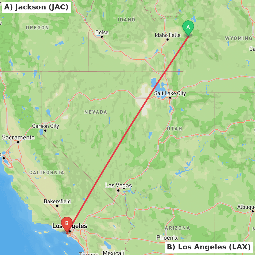 Flight route map from Jackson to Los Angeles