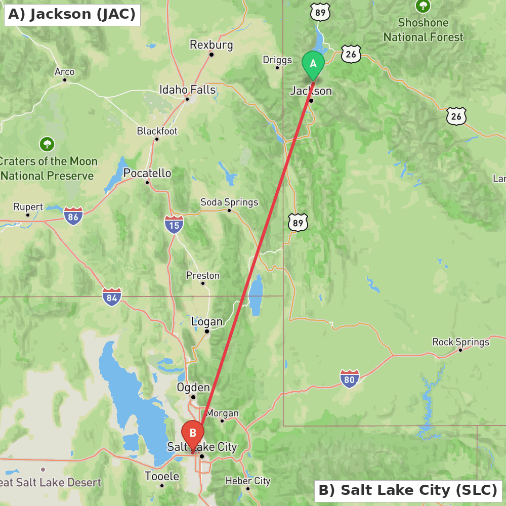 Flight route map from Jackson to Salt Lake City