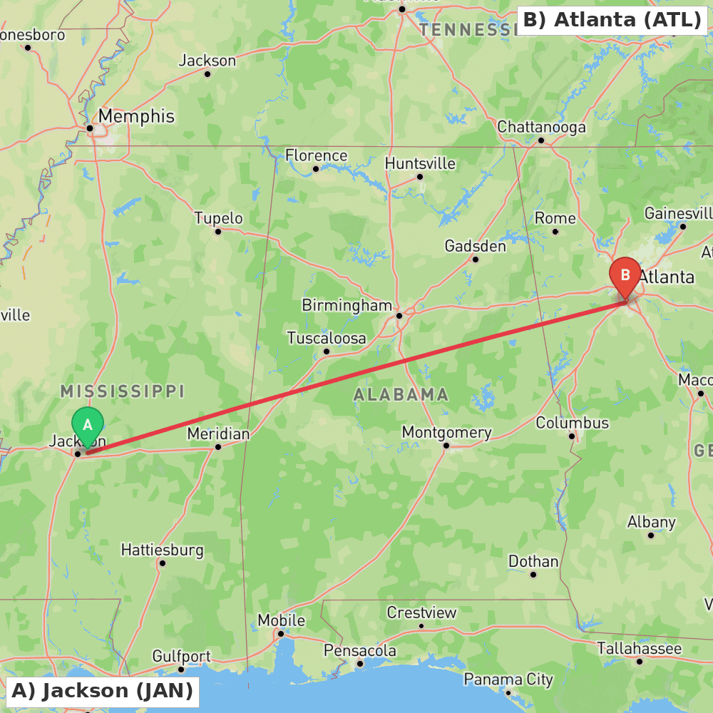 Flight route map from Jackson to Atlanta