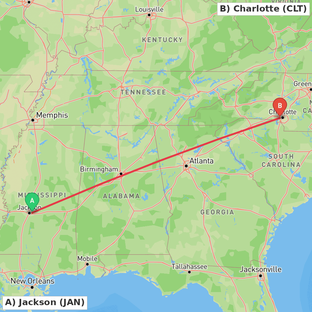 Flight route map from Jackson to Charlotte