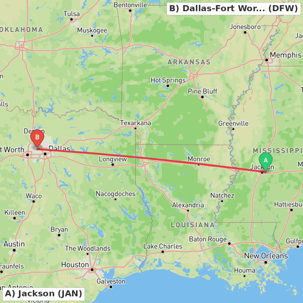 Flight route map from Jackson to Dallas-Fort Worth