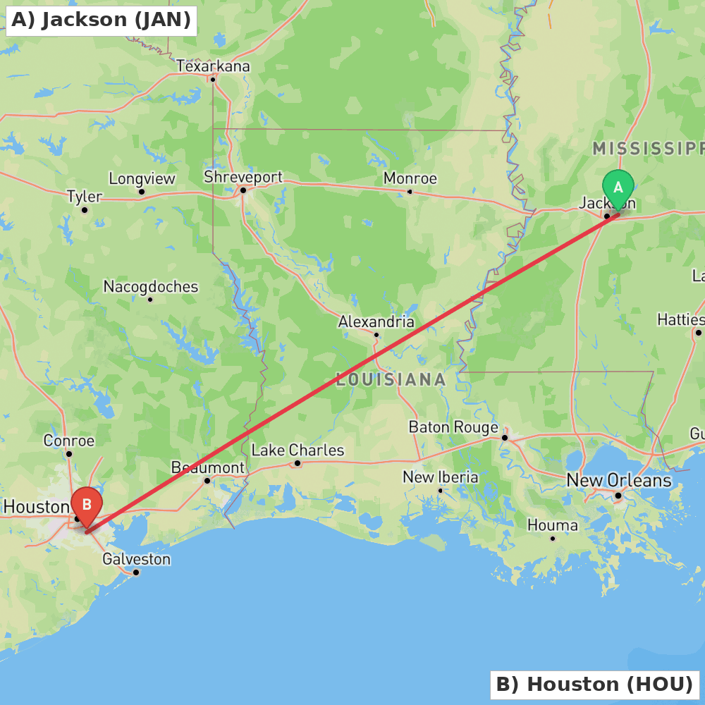 Flight route map from Jackson to Houston