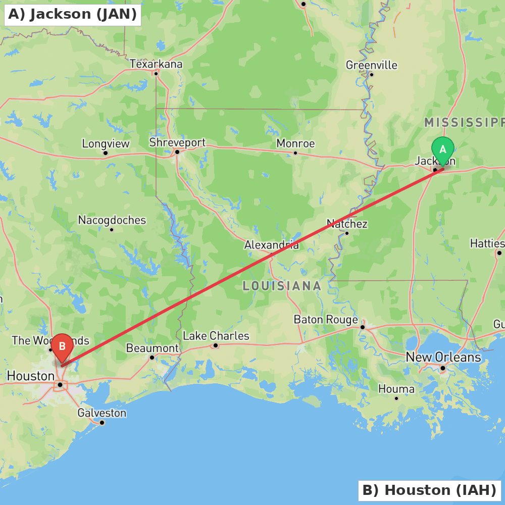 Flight route map from Jackson to Houston