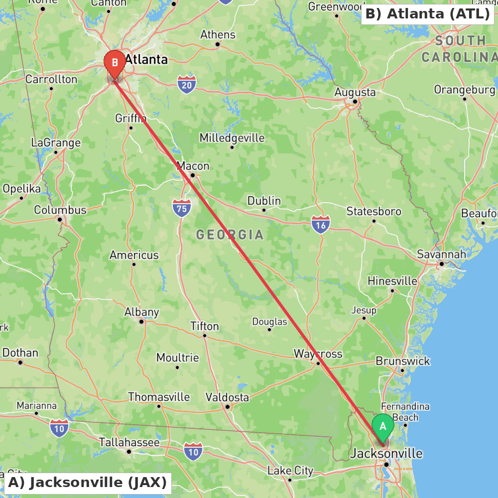 Flight route map from Jacksonville to Atlanta