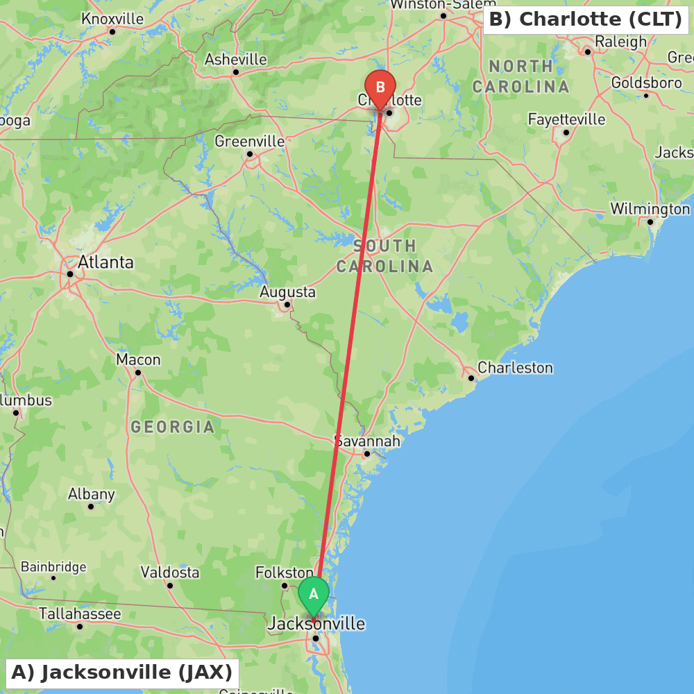 Flight route map from Jacksonville to Charlotte