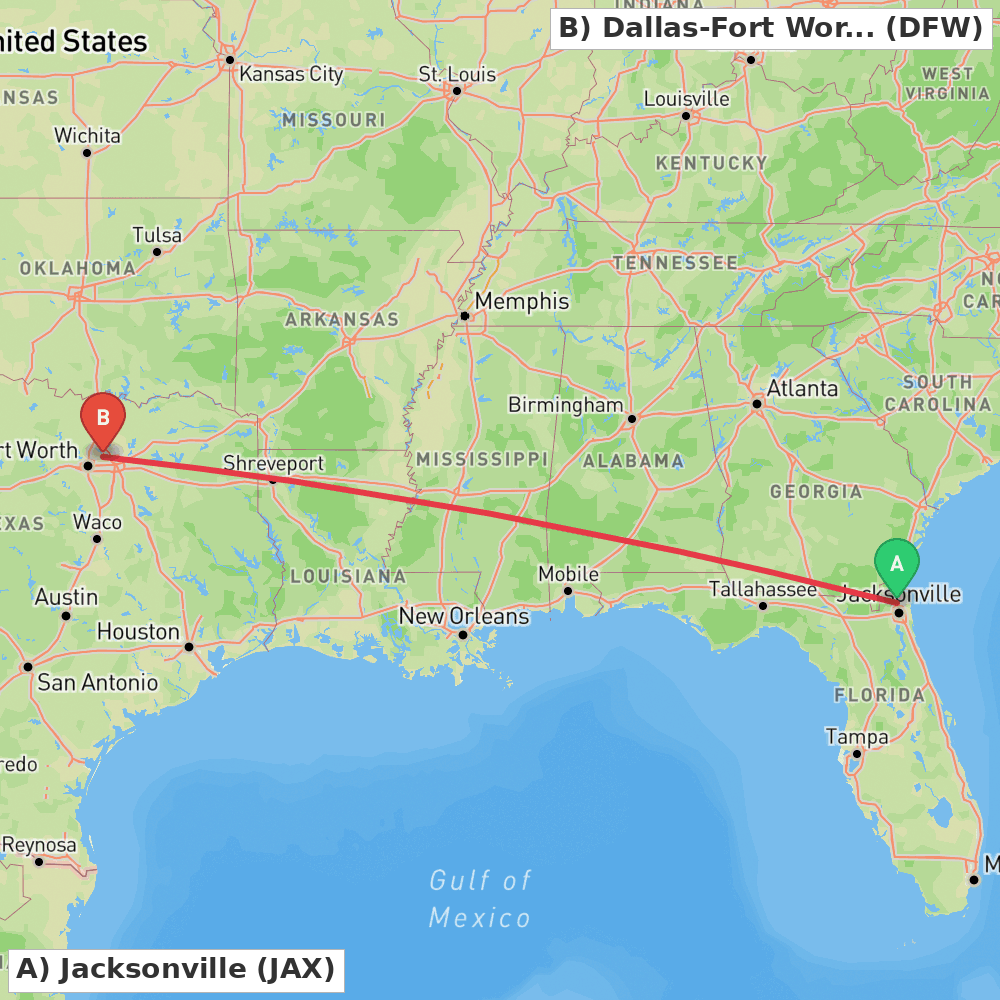 Flight route map from Jacksonville to Dallas-Fort Worth