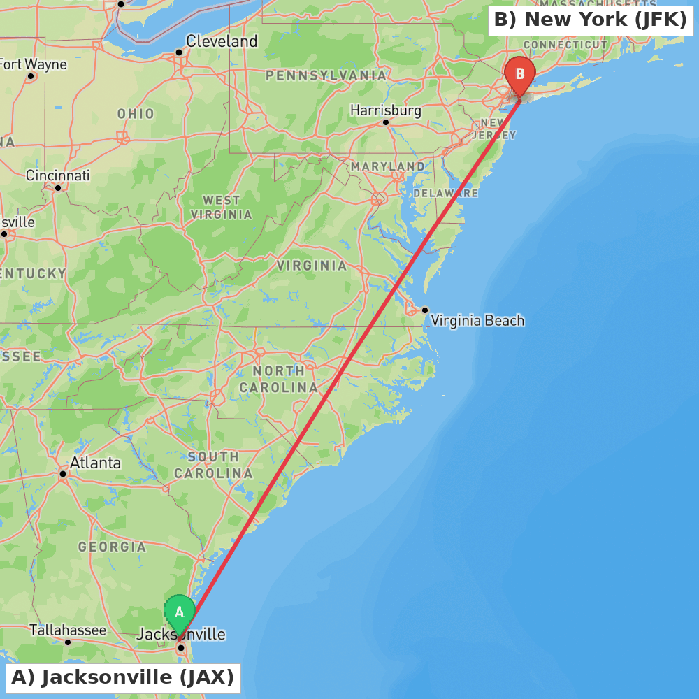 Flight route map from Jacksonville to New York