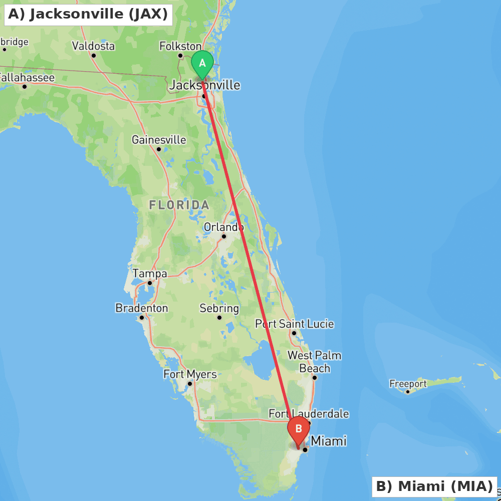 Flight route map from Jacksonville to Miami