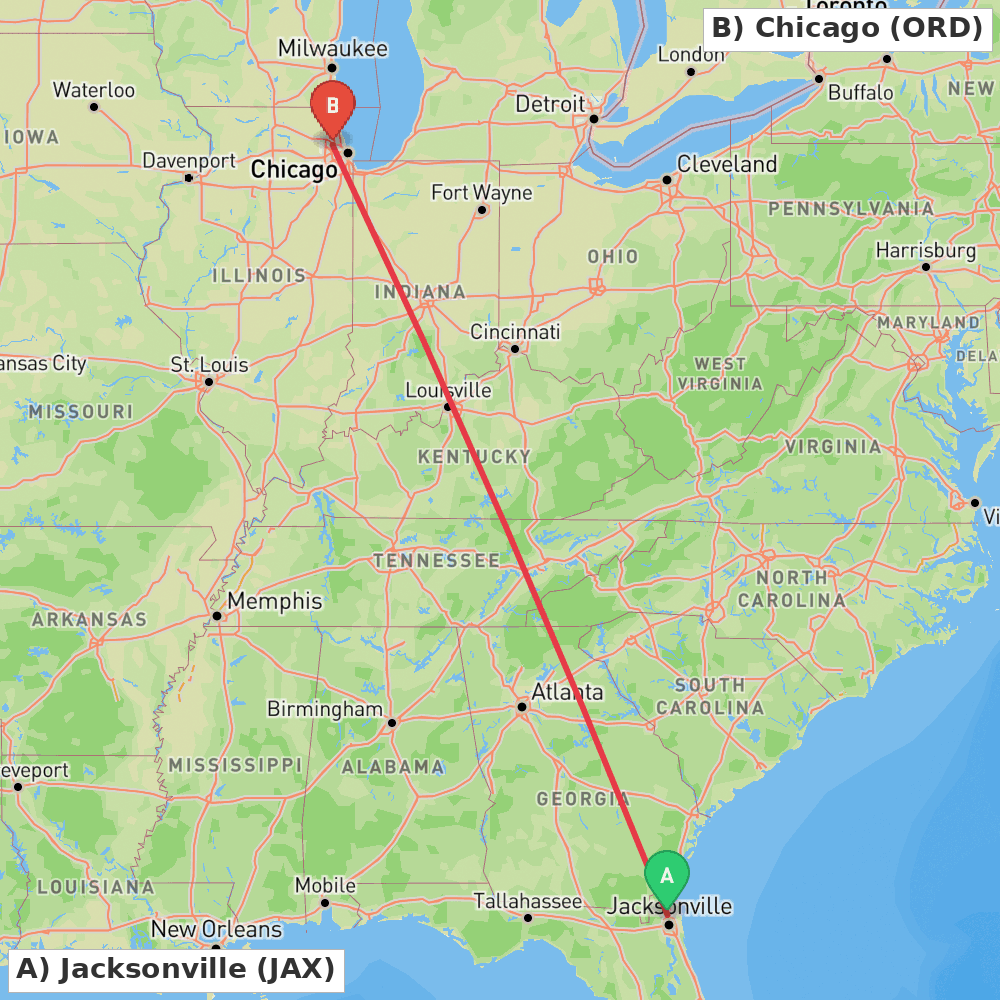 Flight route map from Jacksonville to Chicago