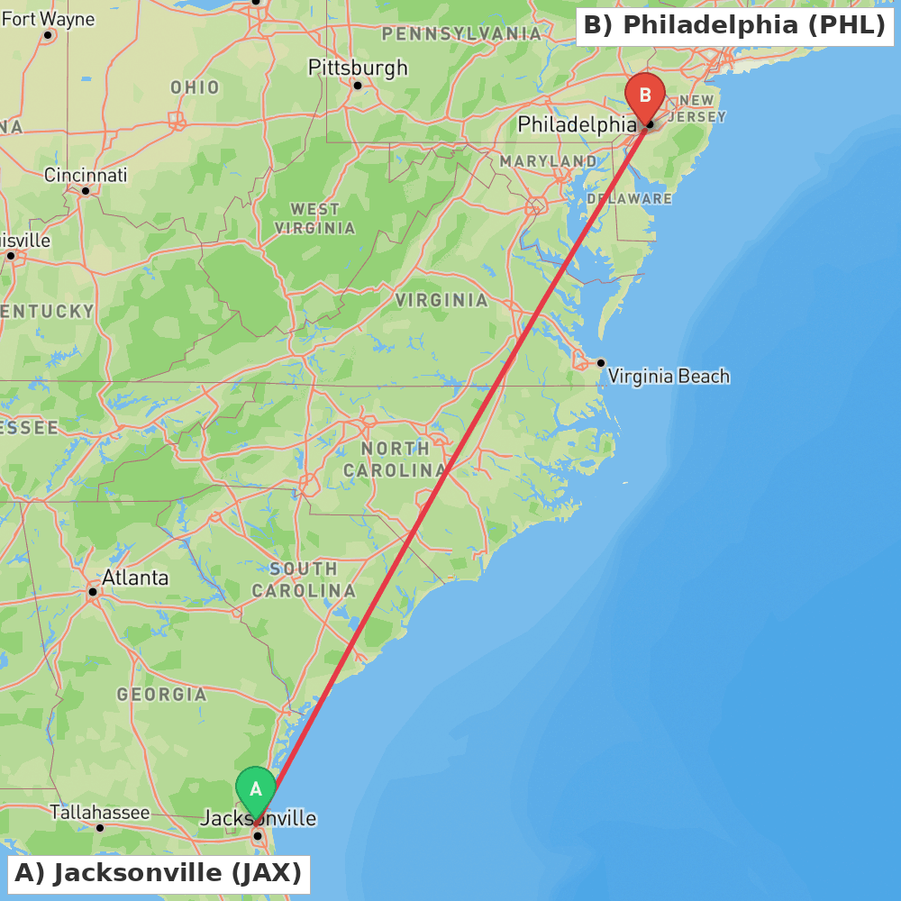 Flight route map from Jacksonville to Philadelphia